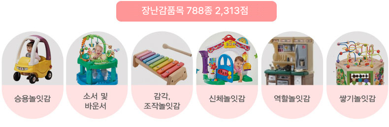 장난감품목 788여종 2,313여점 승용놀잇감, 소시 및 바운서, 감각 조작놀잇감, 신체놀잇감, 역할놀잇감, 쌓기놓잇감